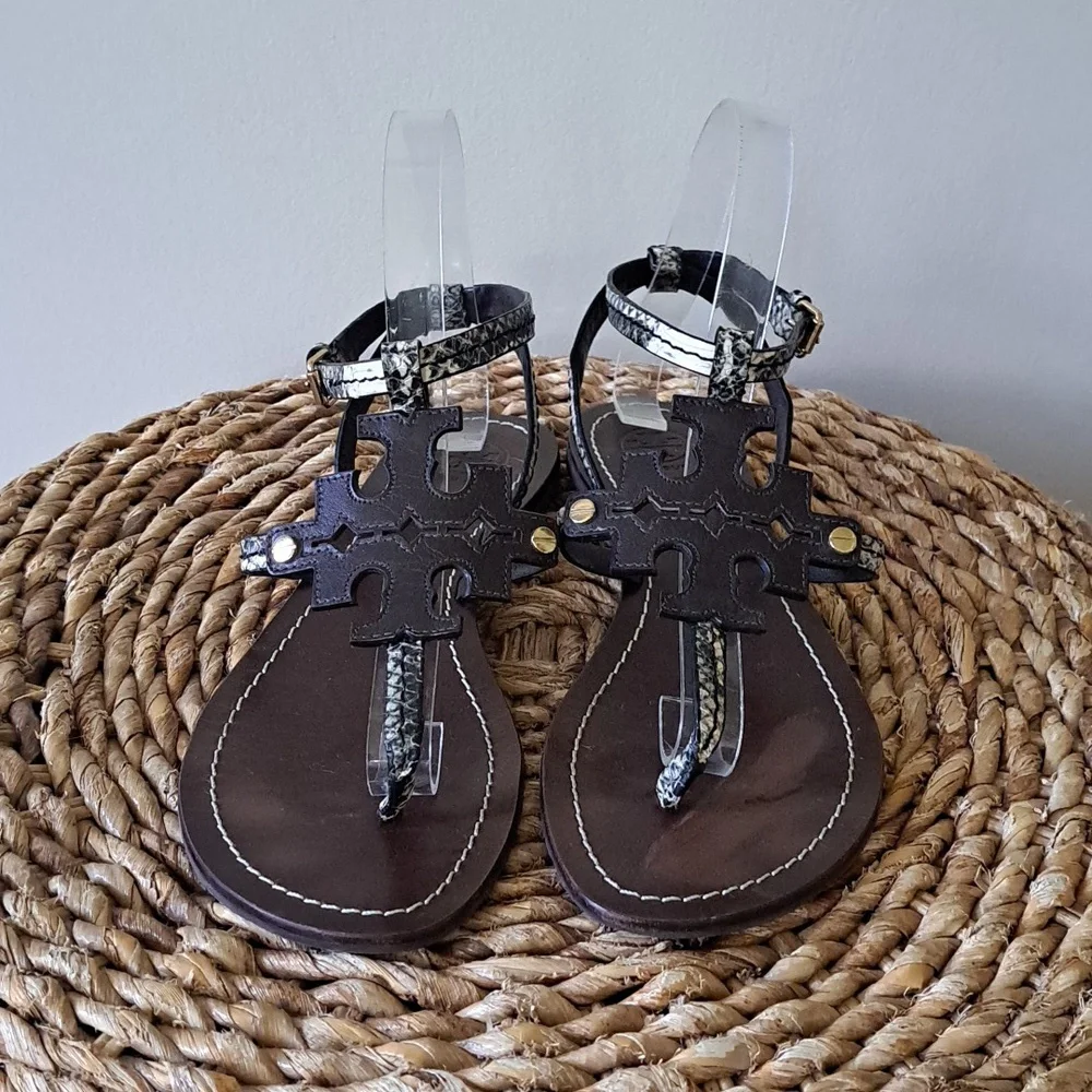 Tory Burch Womens Chandler Snakeskin‎ Print Leather Slingback Flat Sandals S-7.5